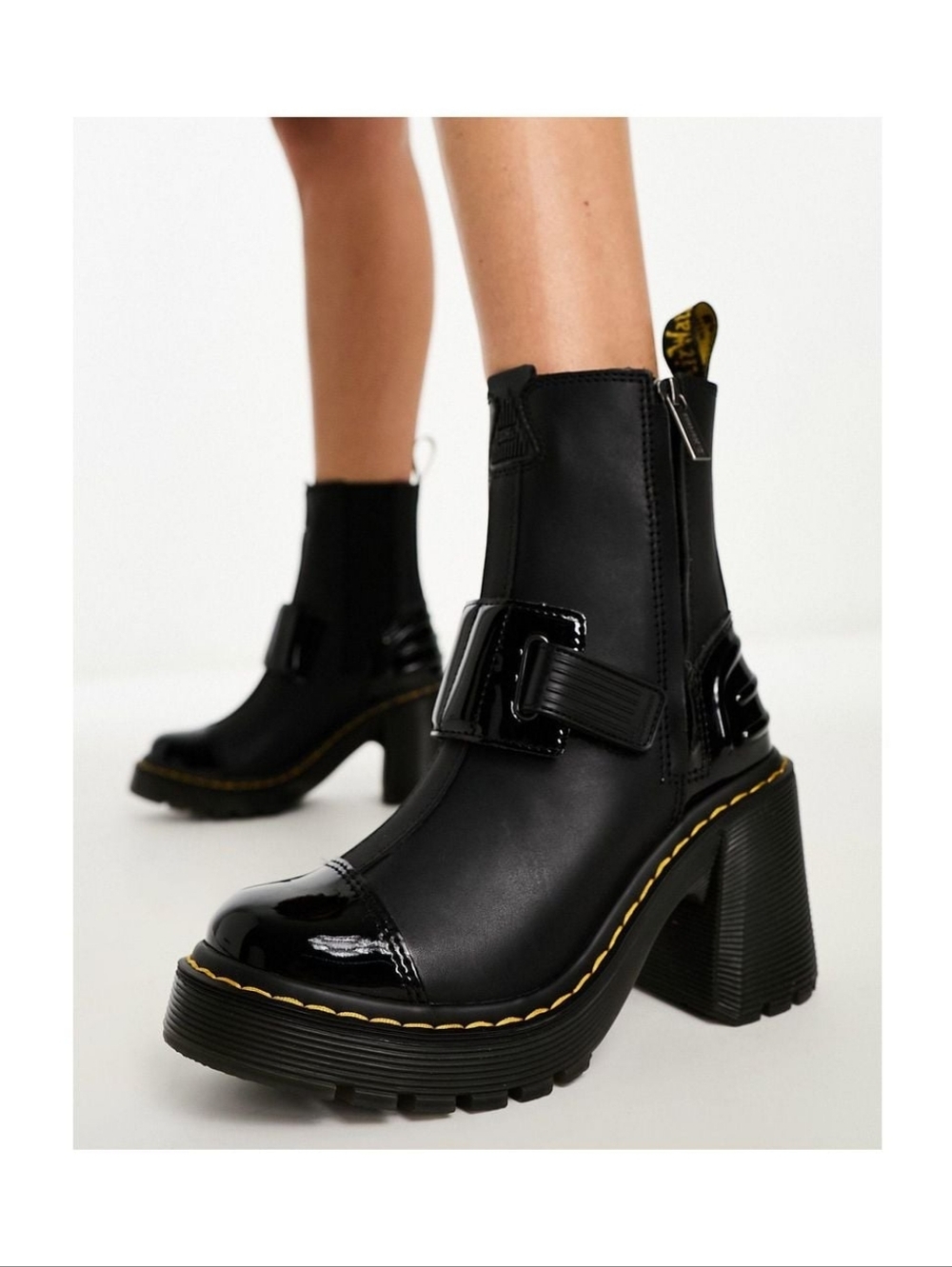 Dr. Martens Black Chunky Heel Chelsea Boots with Yellow Stitching